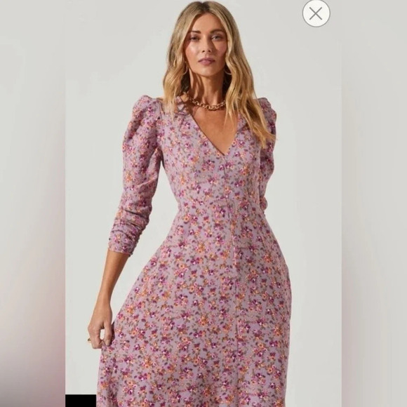 Astr The Label Cut Out back puff sleeve Midi Dress floral 16798 - Picture 2 of 16